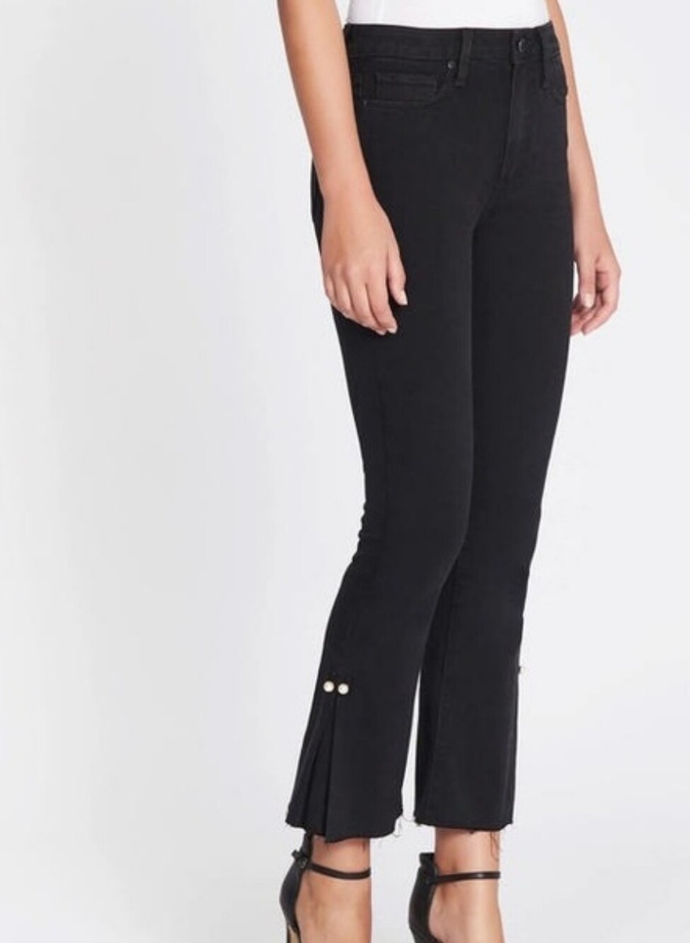 Black Ankle Flare Jeans with Pearl Cuff Detail